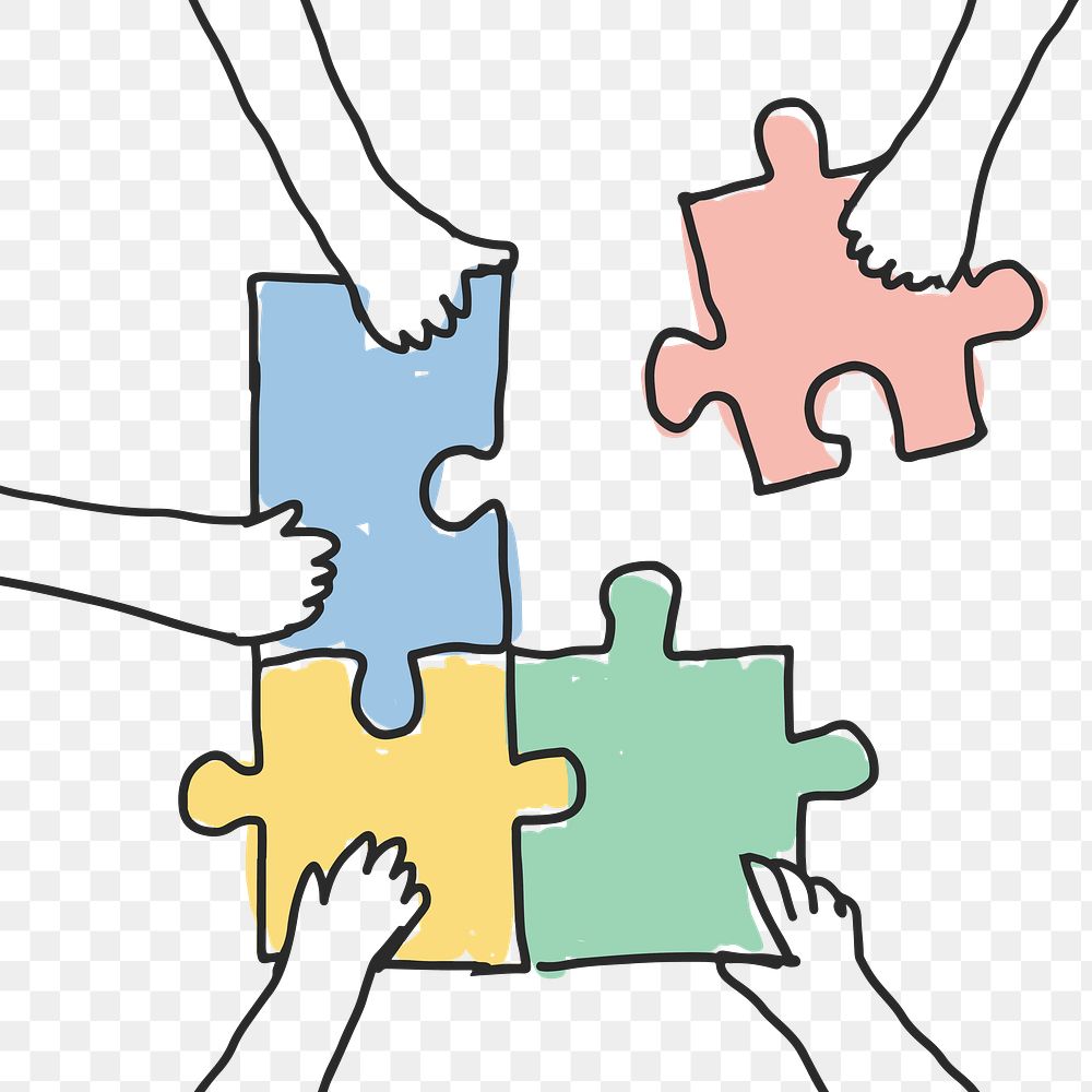 Teamwork png doodle hands connecting puzzle jigsaw