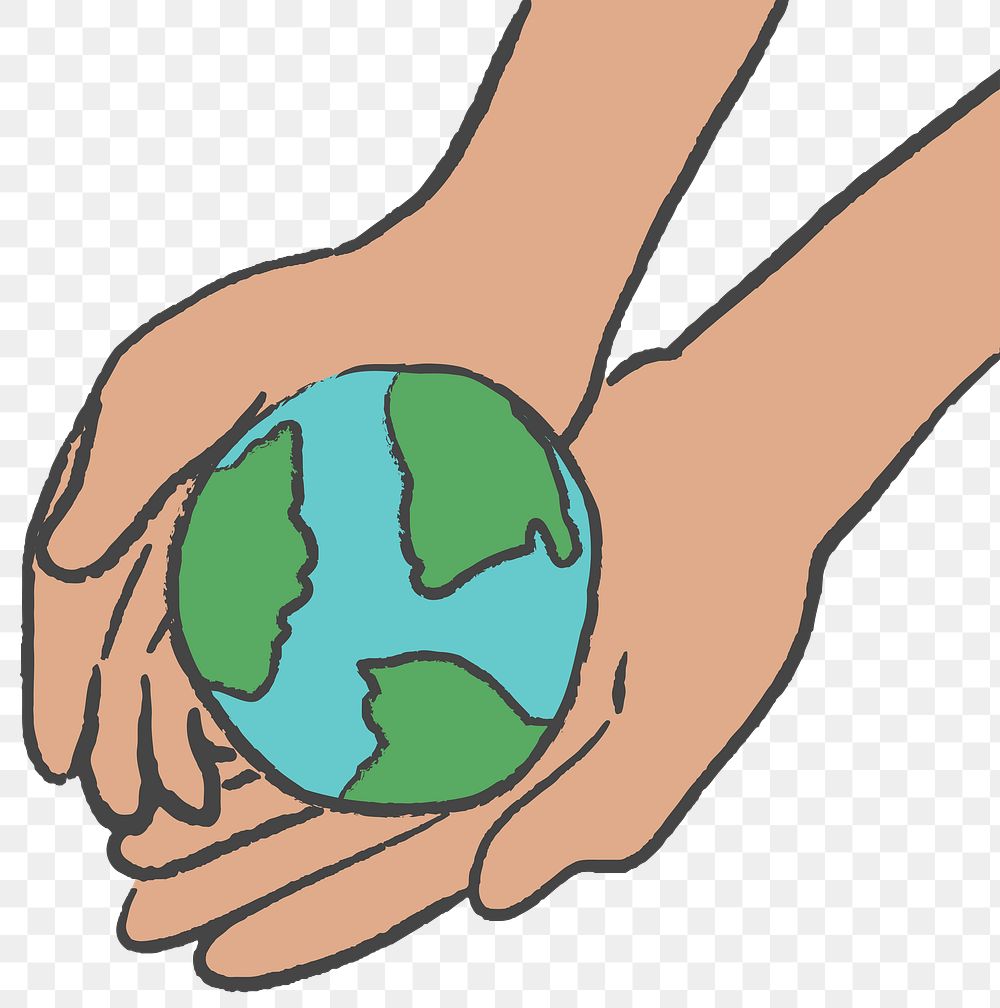 Environment doodle png, with hand holding globe