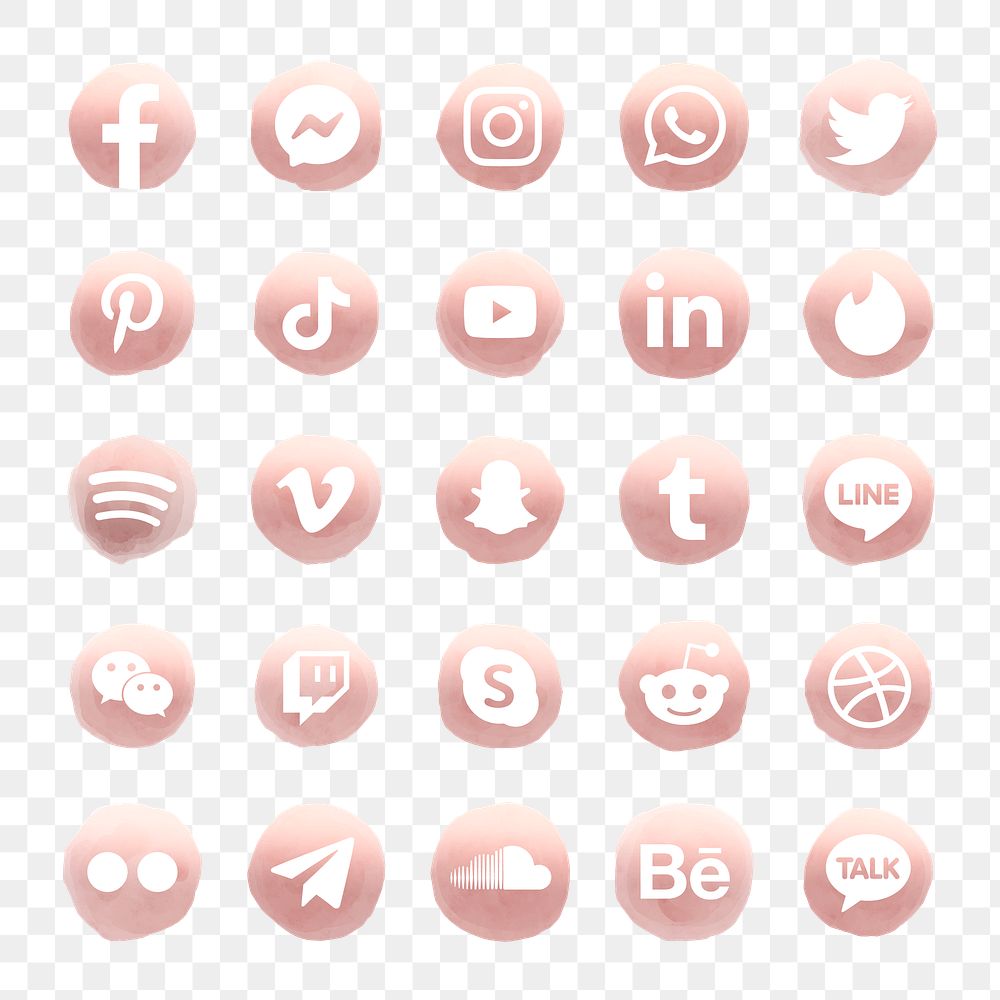 PNG social media icons  set watercolor with Facebook, Instagram, Twitter, TikTok, YouTube etc