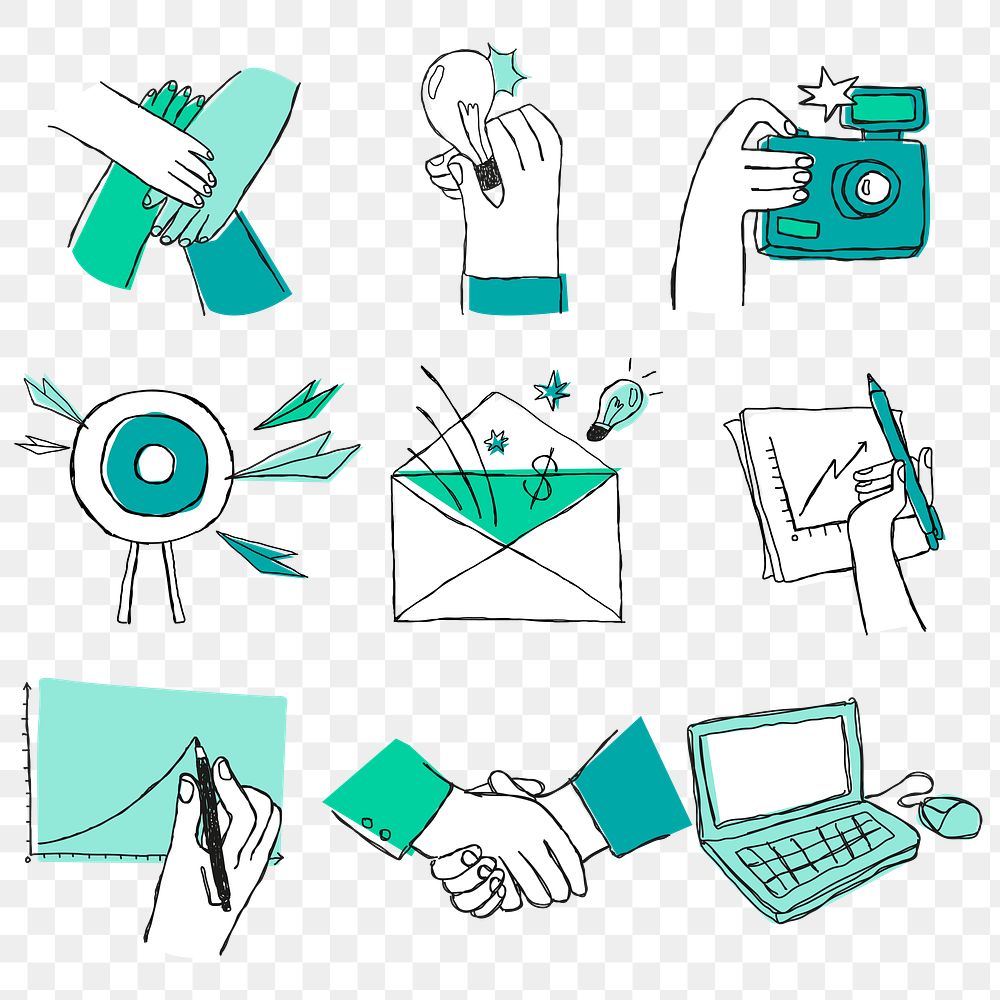 Colorful hand drawn brainstorming vector icons doodle art design set