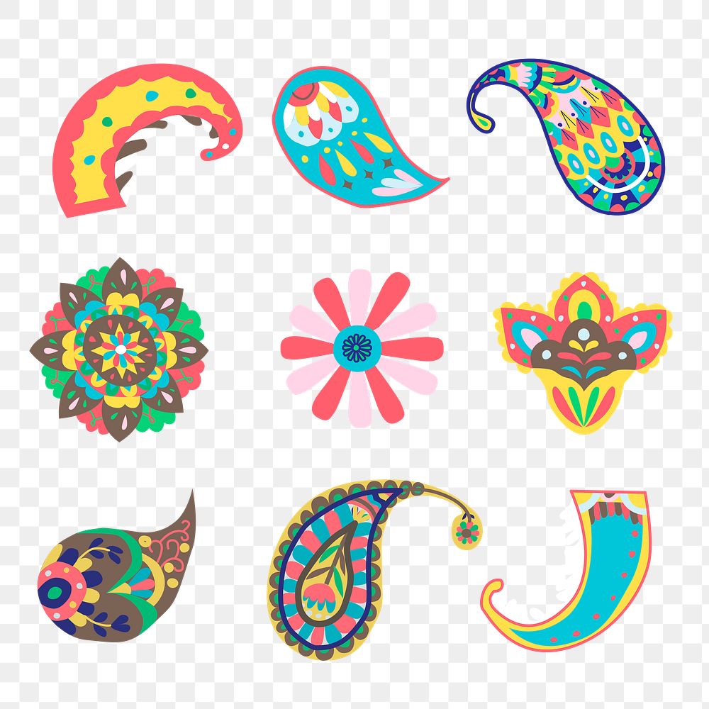 Colorful Indian paisley ornamental png sticker set