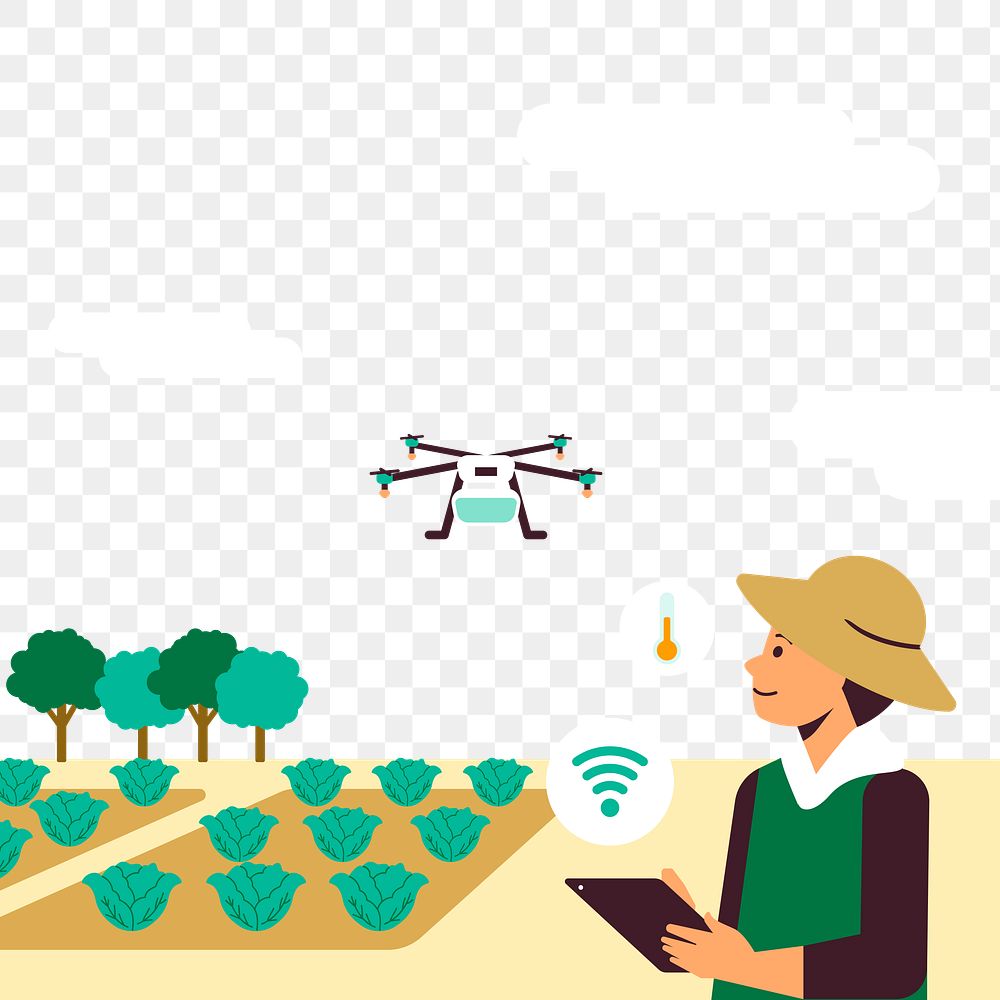 Farmer controlling agricultural drone png with a tablet digital farming