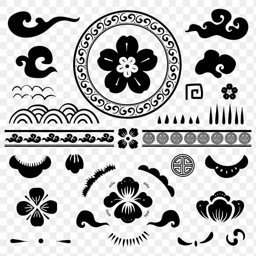 Black Chinese traditional flowers png temporary tattoos set