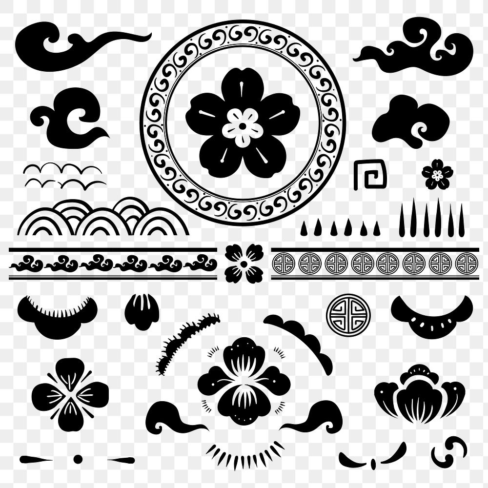 Black Chinese traditional flowers png temporary tattoos set