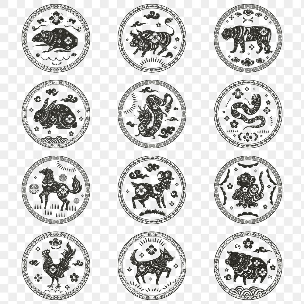 Chinese animal zodiac badges png black new year stickers set