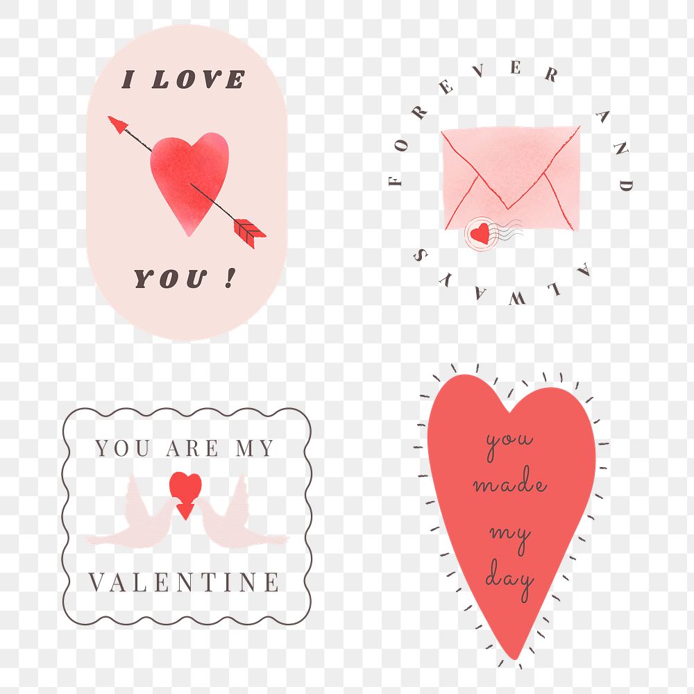 Cute Valentine's day badges png set in transparent background