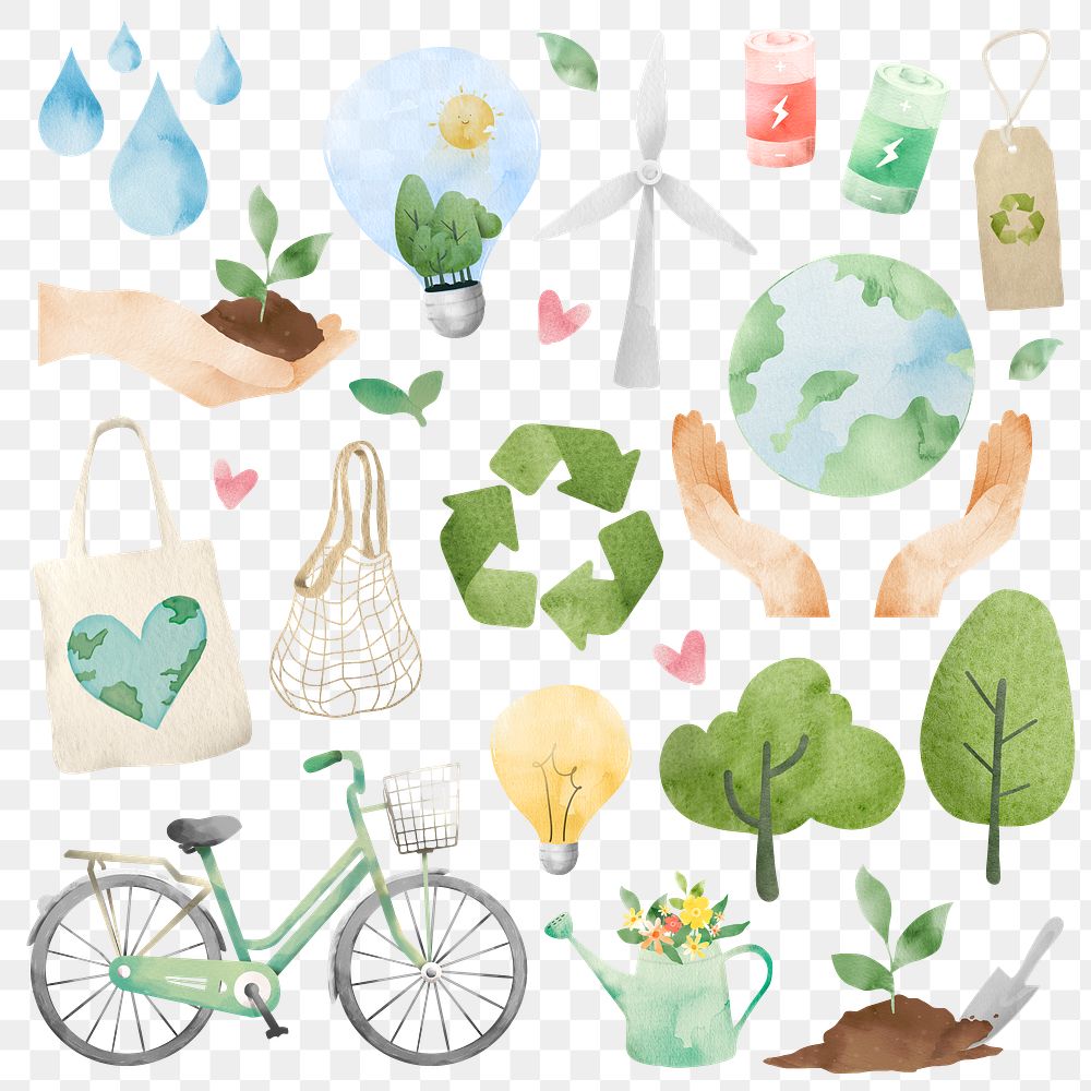 Png save the world in watercolor design element set