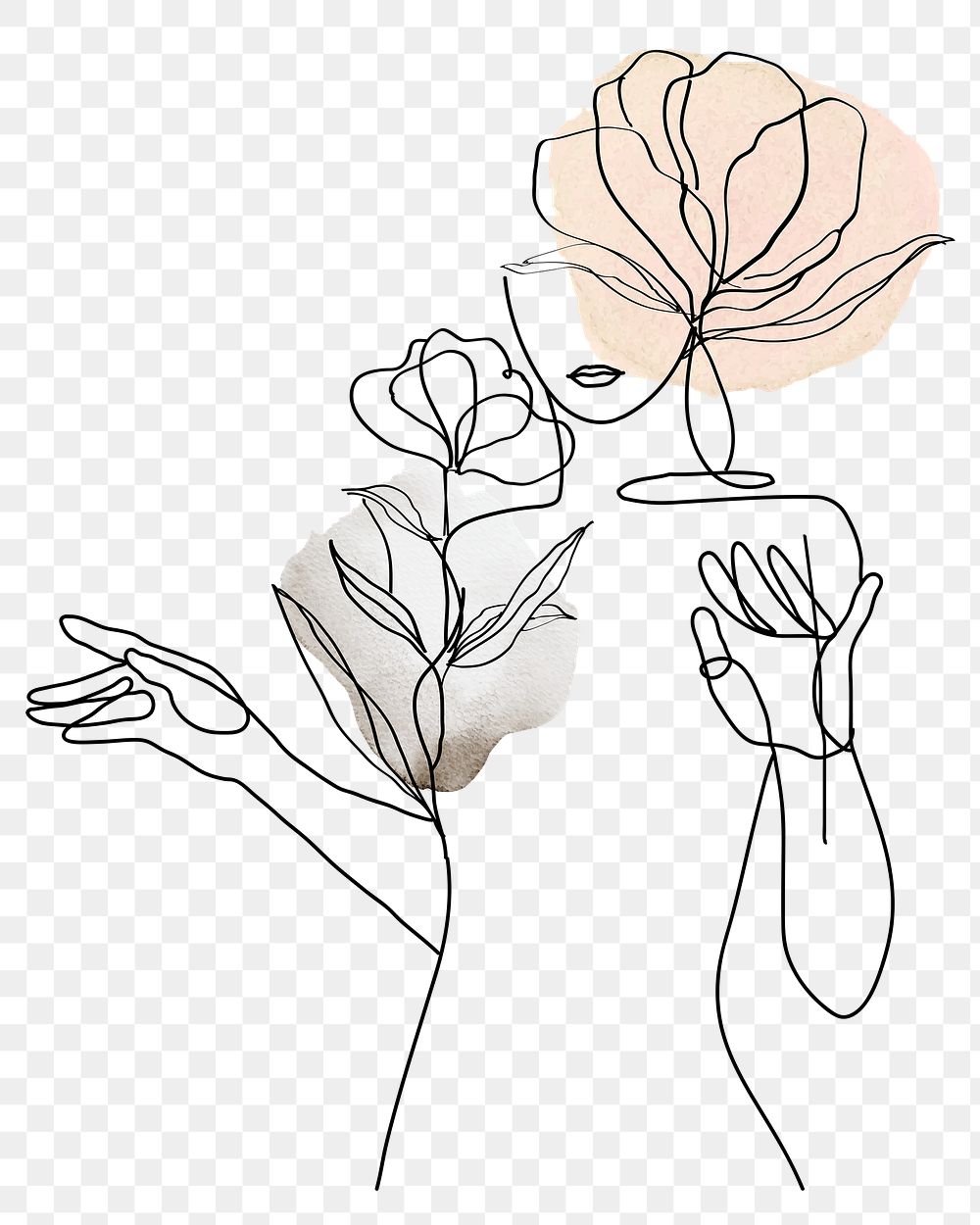 Png woman&rsquo;s body with flowers pastel orange feminine line art illustration
