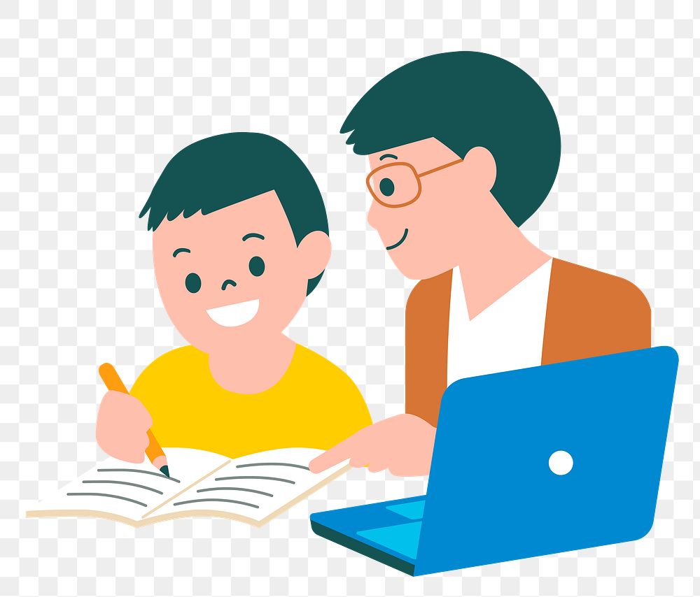 PNG boy studying online class with parent character flat graphic