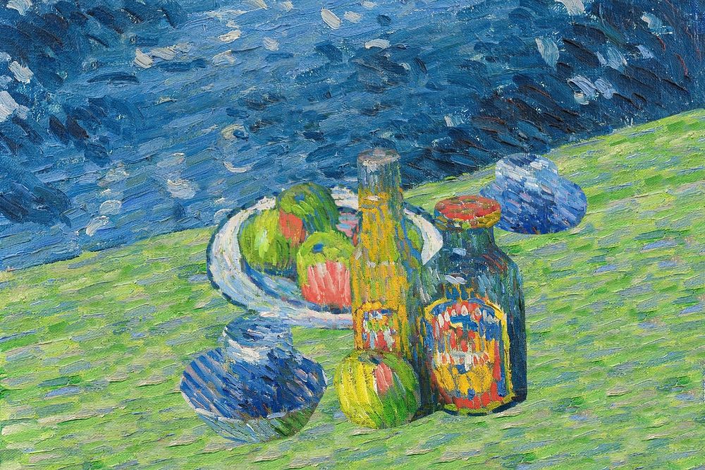 Still Life with Bottles and Fruit, vintage painting by Alexej von Jawlensky. Digitally enhanced by rawpixel.