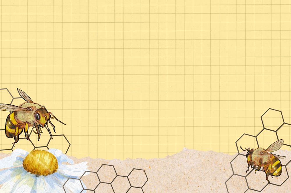 Yellow grid patterned background, bees border, editable design