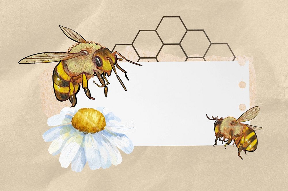 Bees and flower with ripped paper remix, editable design