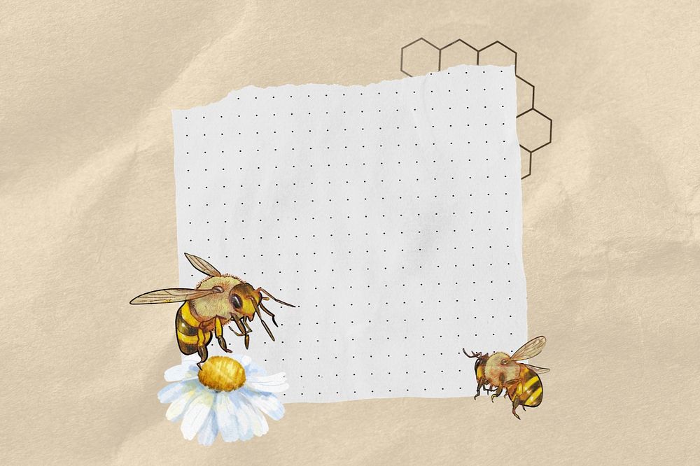 Bees and flower, note paper remix, editable design