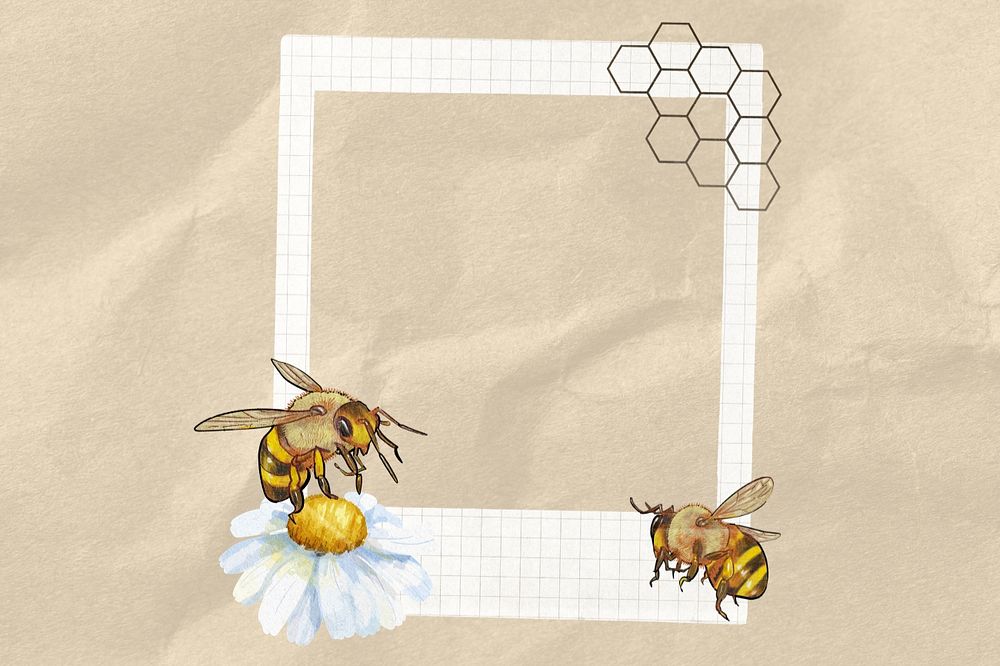 Bees and flower instant film frame, creative remix, editable design