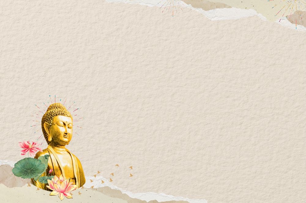 Beige paper textured background, Buddha statue border, editable design