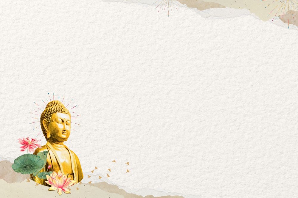 Beige paper textured background, Buddha statue border, editable design