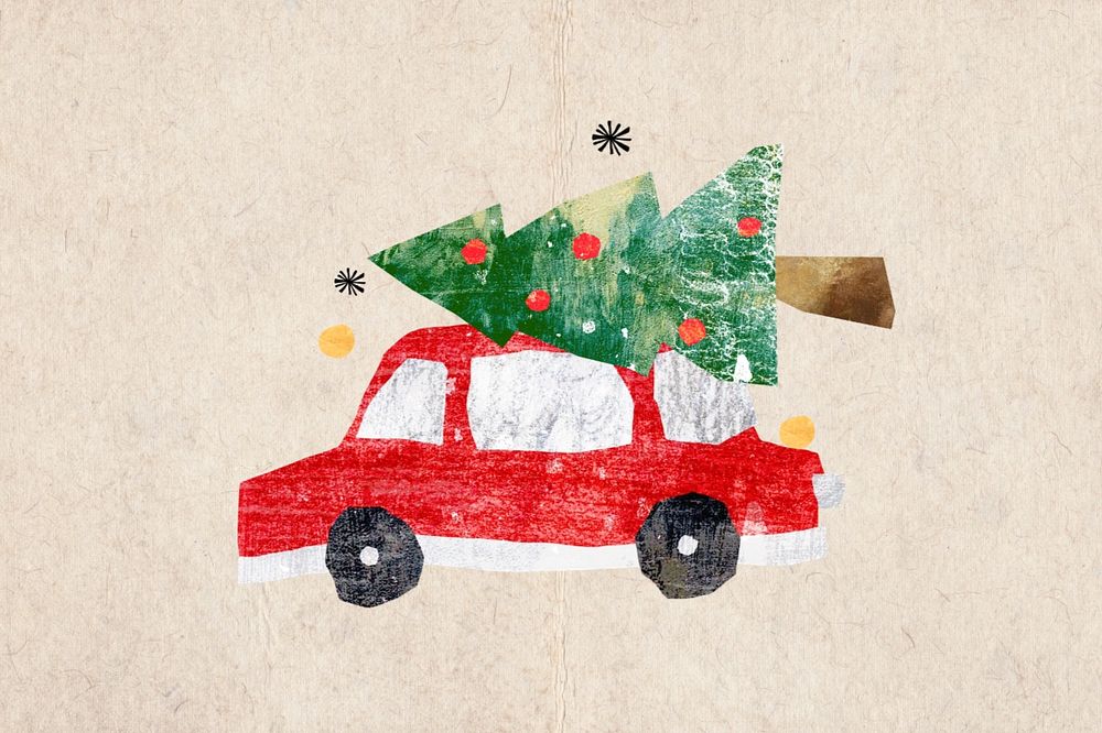 Christmas tree on car, paper craft collage, editable design