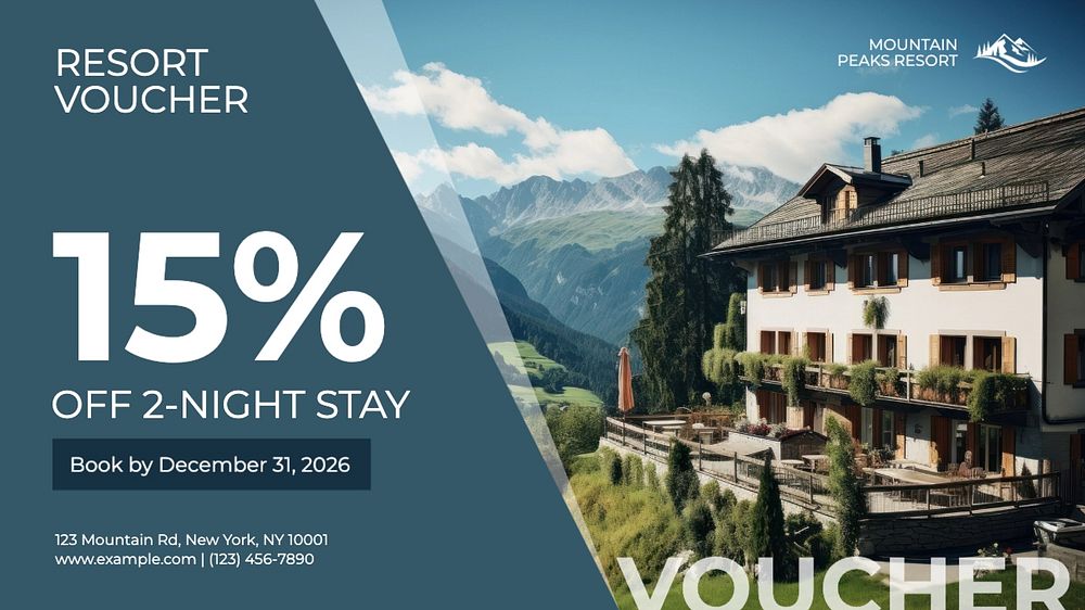 Mountain resort voucher template, editable design