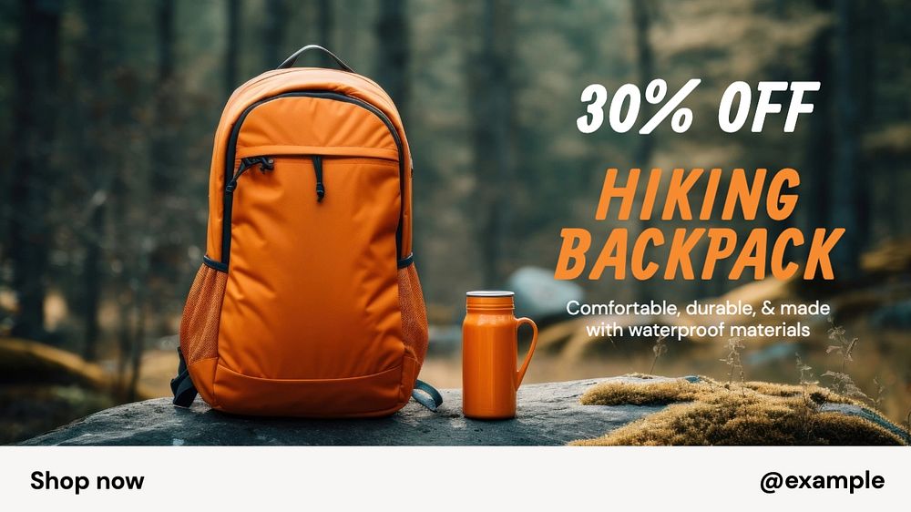 Hiking backpack sale blog banner template, editable text