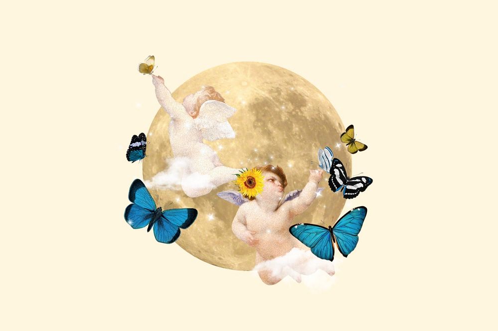 Vintage cherubs dreamy moon collage illustration editable design