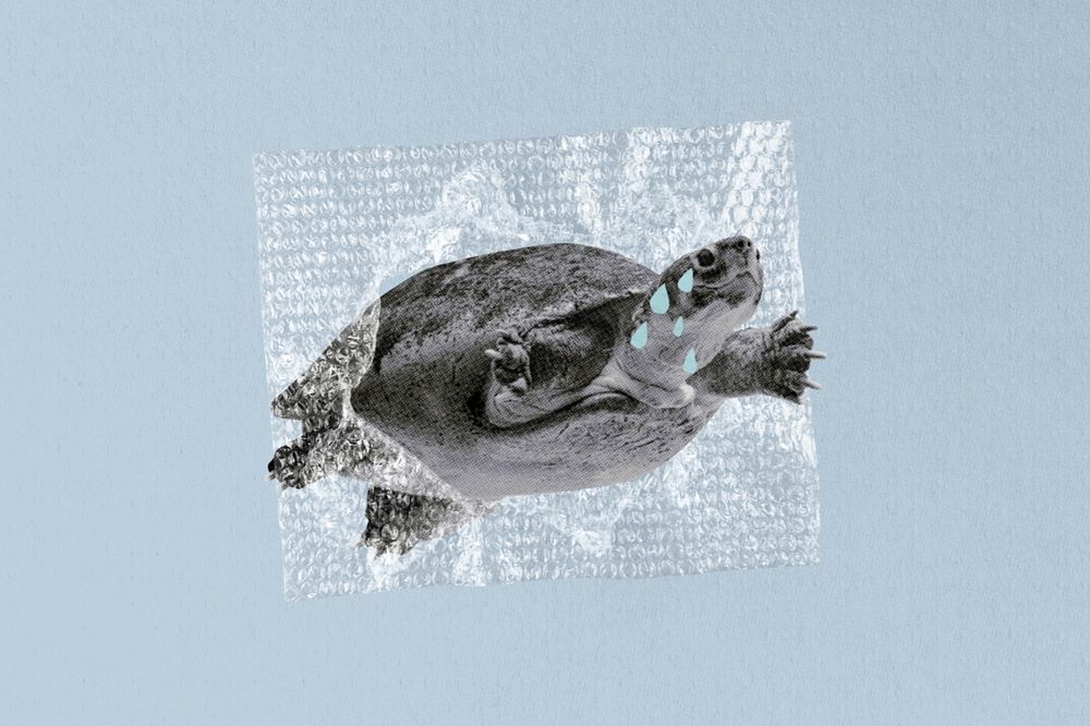 Ocean waste pollution, turtle in plastic collage illustration editable design