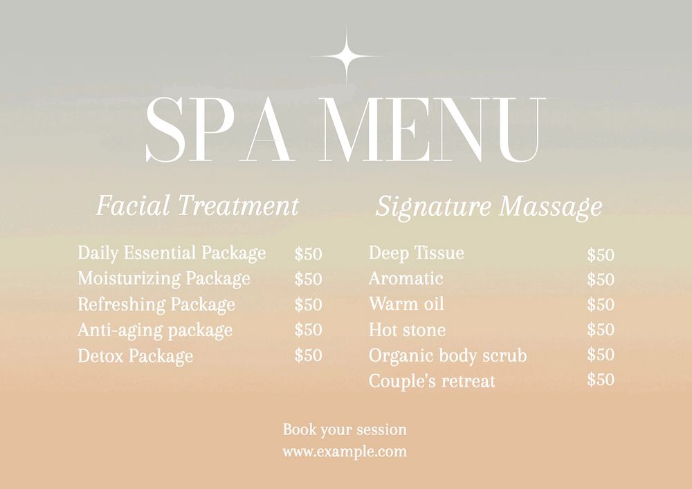 Spa menu templates, editable design