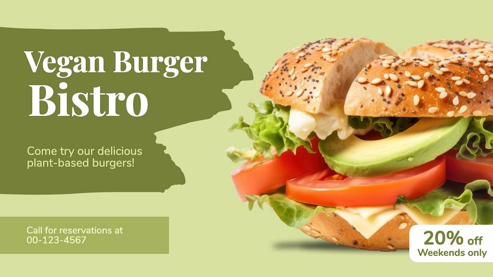 Vegan burger bistro blog banner template, editable text