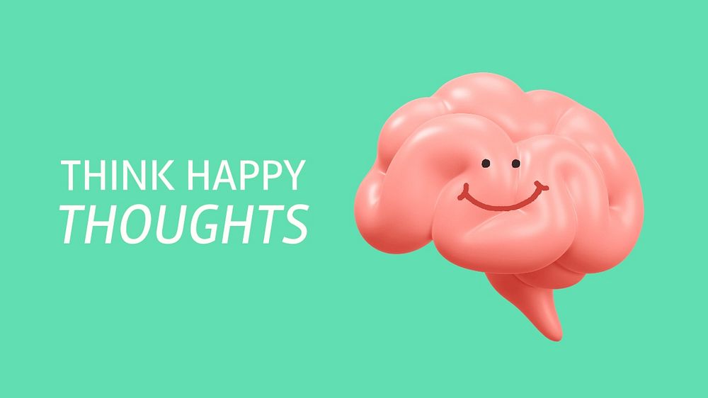 Think happy thoughts banner template, smiling brain 3D illustration