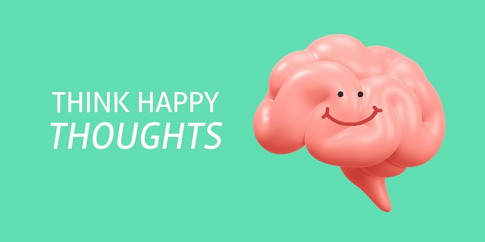 Happy thoughts Twitter post template, smiling brain 3D illustration 