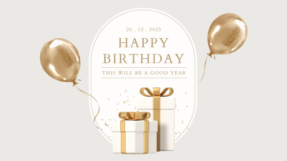 Gold birthday YouTube thumbnail template, 3D rendering aesthetic
