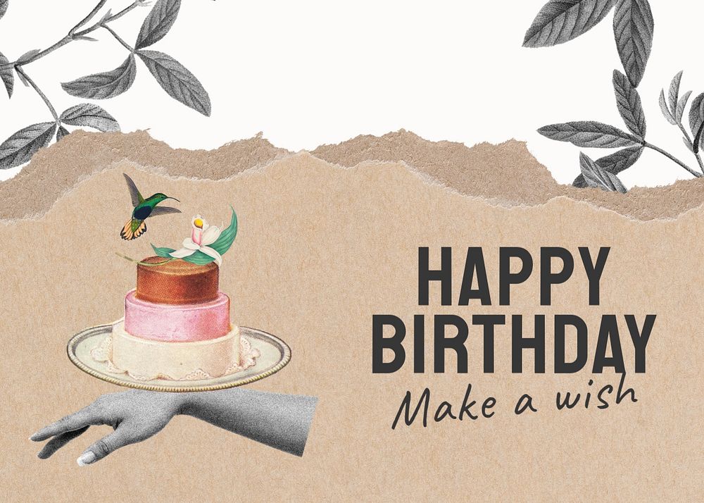 Vintage birthday greeting card template, cake illustration