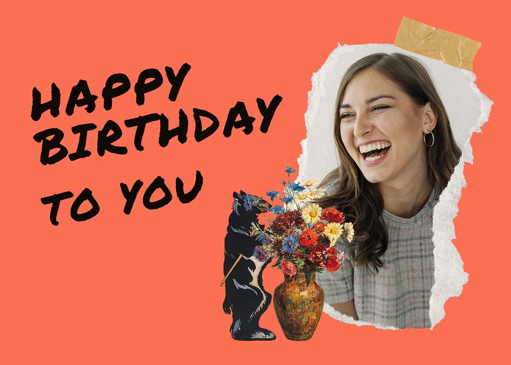 Happy Birthday greeting card template, ripped paper frame