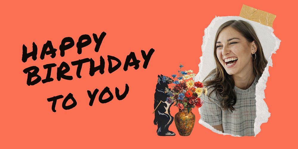 Happy Birthday Twitter post template, ripped paper frame