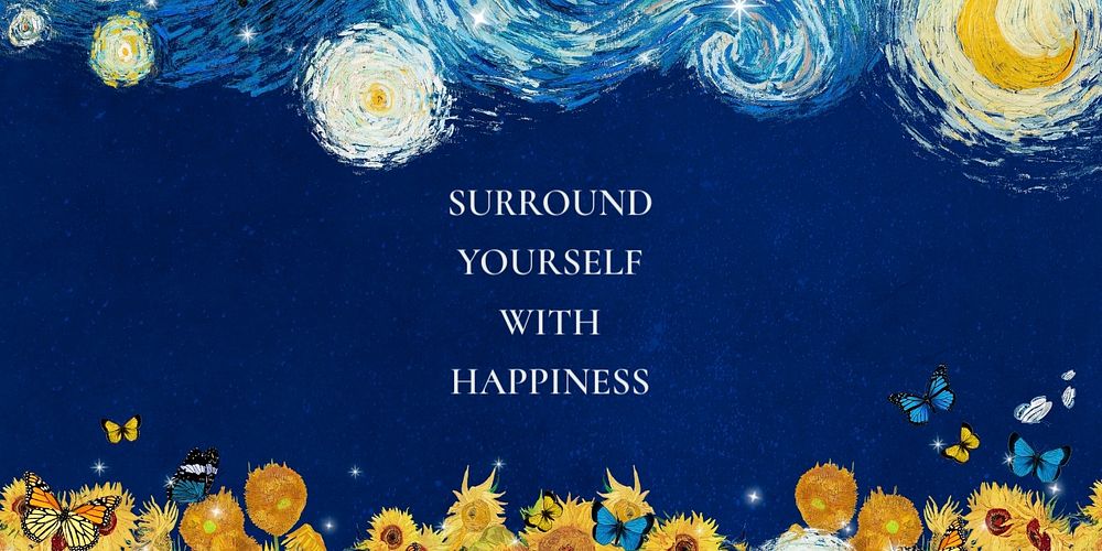 Happiness quote Twitter ad template, Starry Night painting remixed by rawpixel