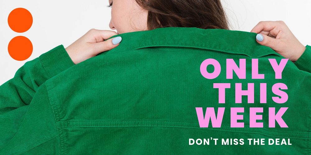 Fashion shopping Twitter post template, woman in green jacket