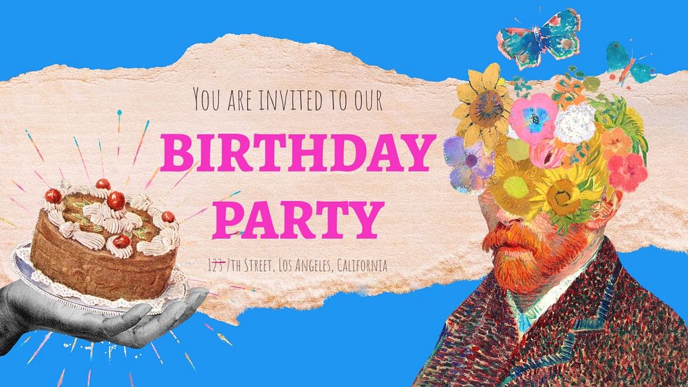 Birthday party PowerPoint presentation template, Van Gogh's famous artwork, remixed by rawpixel