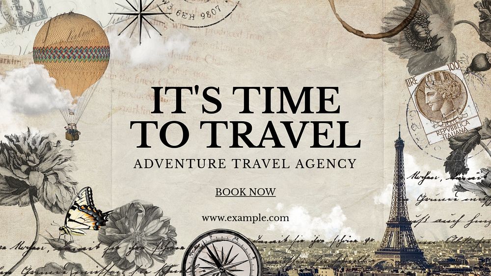 Editable travel blog banner template, Ephemera remix