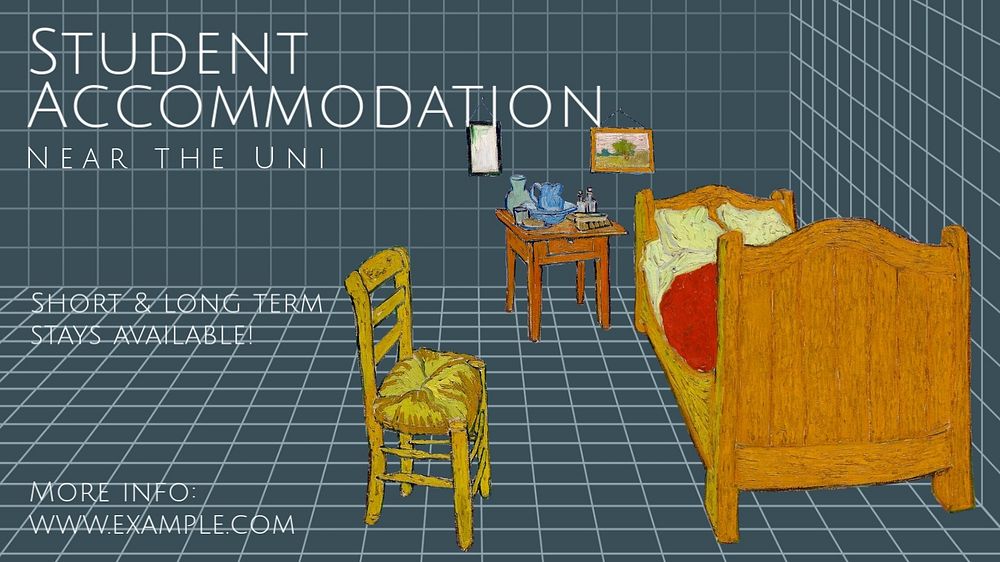 Student accommodation editable presentation template, famous Van Gogh's The Bedroom illustration, remixed by rawpixel.