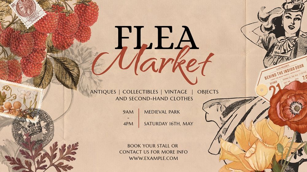 Flea market blog banner template, vintage ephemera remix