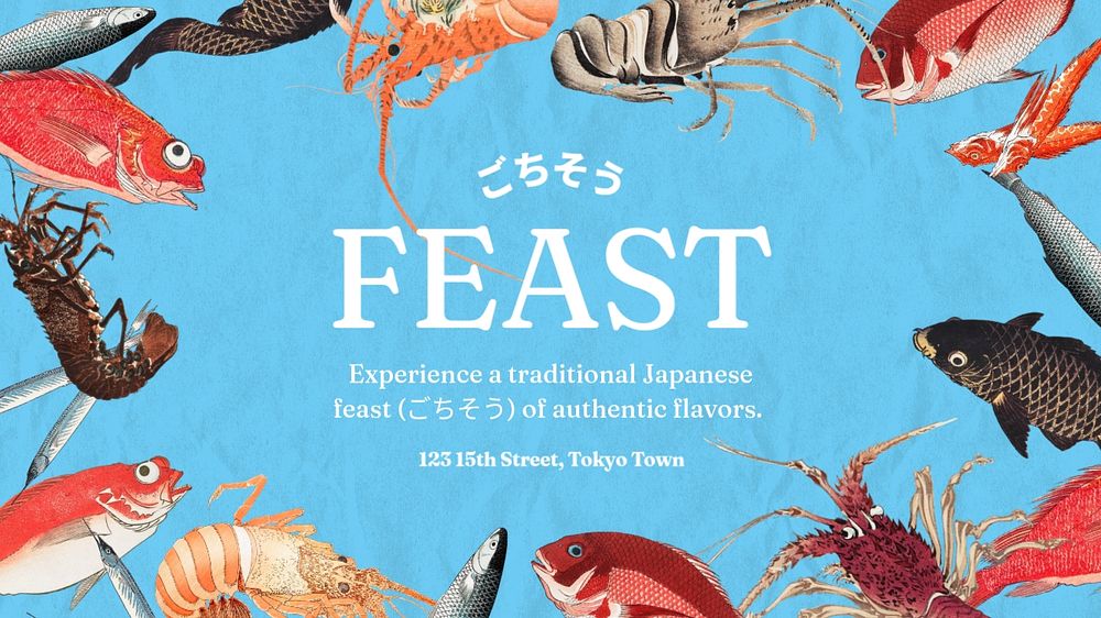 Seafood buffet blog banner template, editable Ukiyo-e art remix design