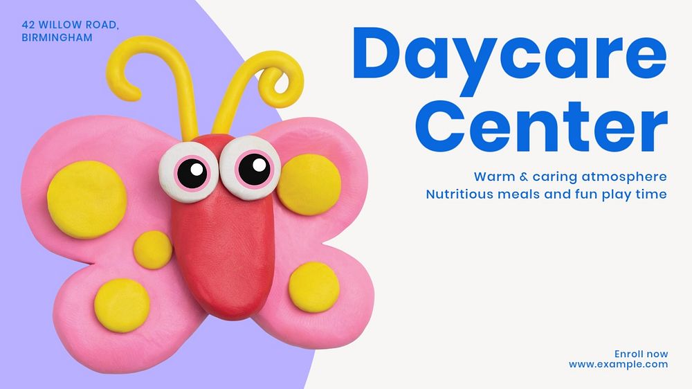 Rainbow butterfly daycare blog banner template, customizable design