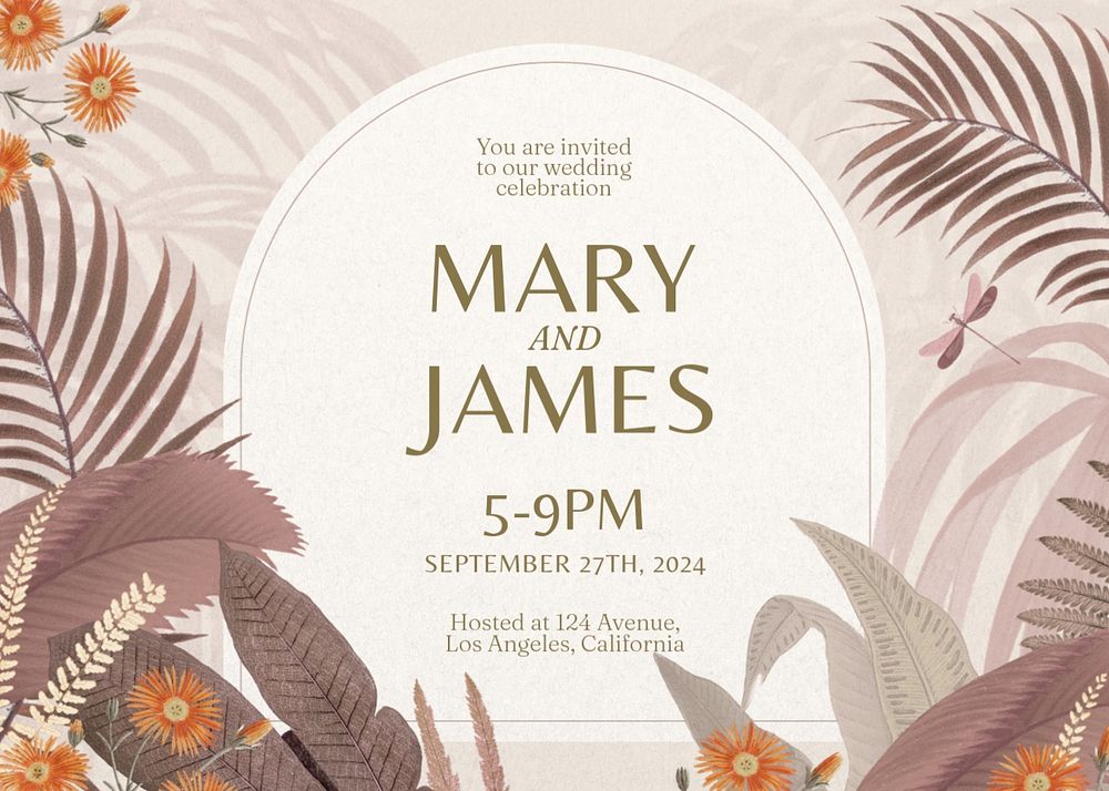 Vintage botanical wedding invitation template, editable design