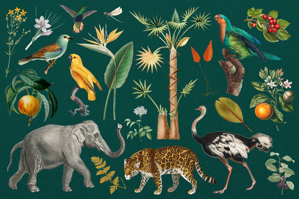 Vintage wild animals vintage sticker set, editable design