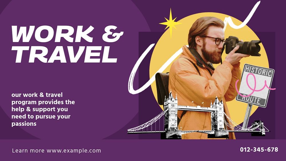 Work & travel blog banner template, editable design & text