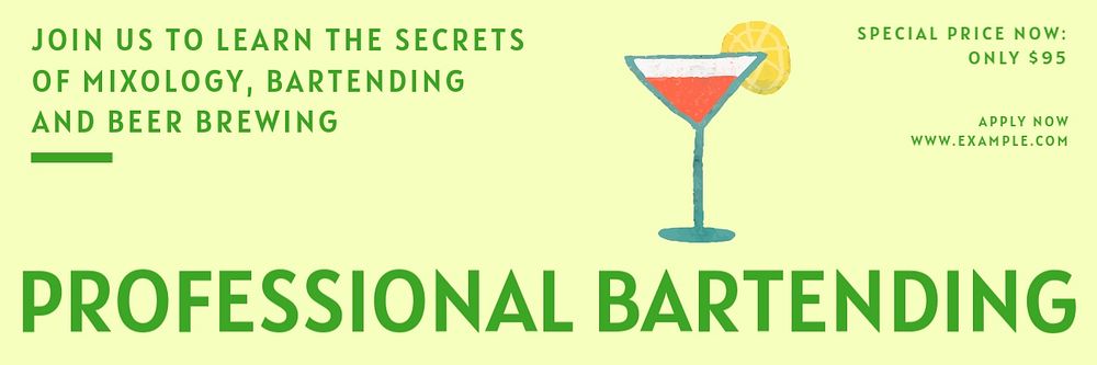 Professional bartending email header template, editable text & design