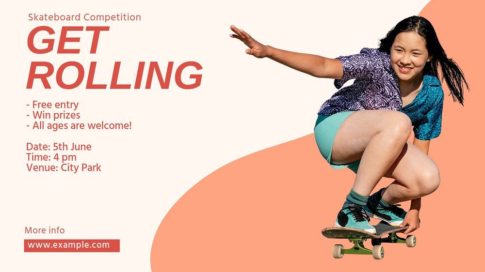 Skateboard competition blog banner template, editable design & text