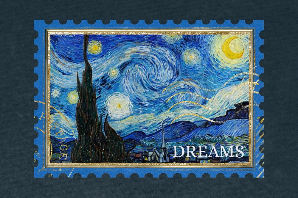 Van Gogh's painting postage stamp, editable famous Starry Night design, remixed by rawpixel