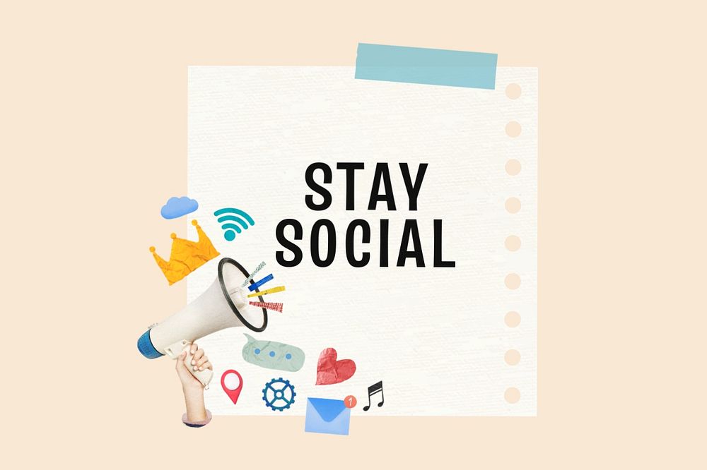 Stay social notepaper, editable digital marketing collage remix design