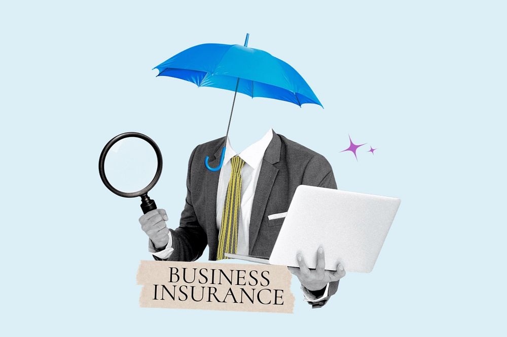 Business insurance word, umbrella head businessman remix, customizable design