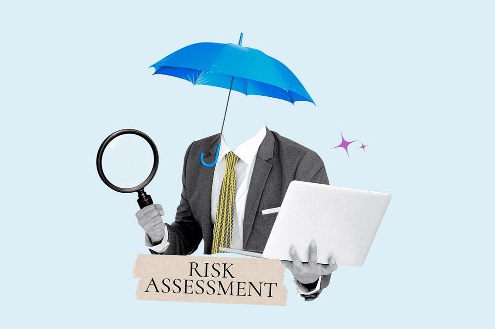 Risk assessment word, umbrella head businessman remix, customizable design